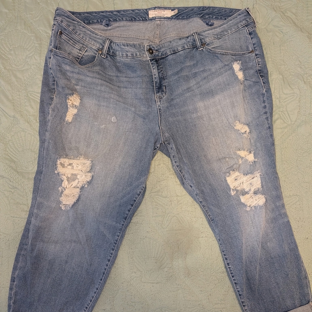Torrid Medium Blue Ripped Boyfriend Jeans With Lace Detail